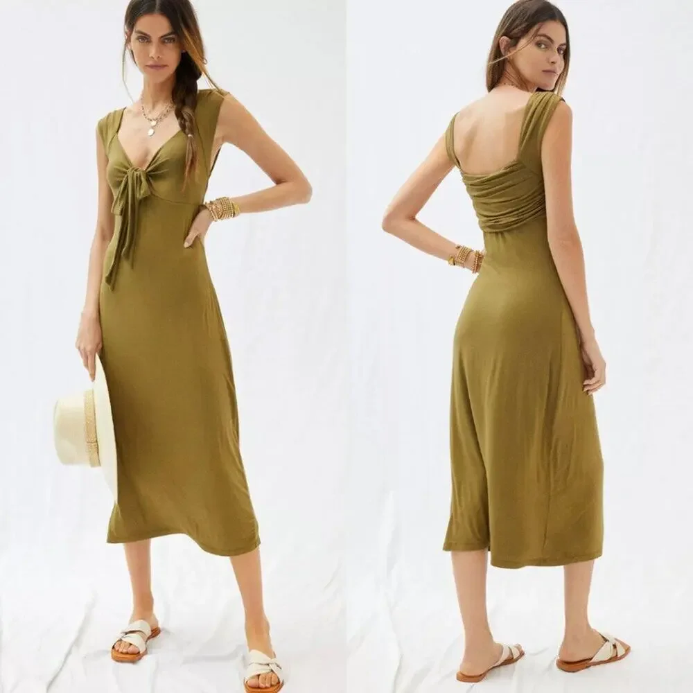 NWT Forever That Girl Anthropologie Tie Front Midi Dress Sage Green Sz M - Picture 1 of 9